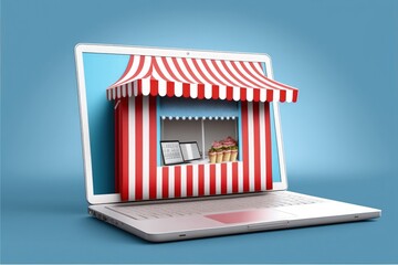 Shop illustration with with red and white awning on laptop screen, blue background. Generative AI