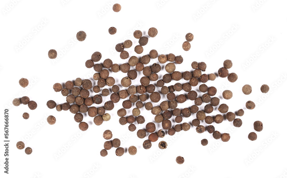 Wall mural allspice, pimento spice, jamaican pepper isolated on white background, top view