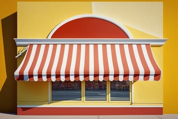 Shop illustration with red and white awning, yellow background. Generative AI