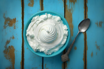 Greek yogurt on a blue table, 3d rendering