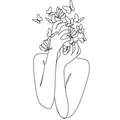Woman face with butterfly. Line art vector. Abstract face with butterfly by one line drawing. Portrait minimalistic style. Botanical print. Nature symbol of cosmetics. 