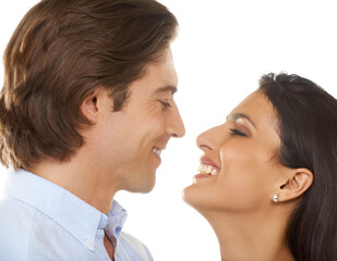 Couple, relationship and smile for love, valentines day or date in affection isolated against white studio background. Closeup of man and woman smiling in joyful happiness in special month of romance
