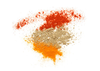 Set of three kind of dried seasoning turmeric or curcuma, pepper and paprika isolated on white, top view