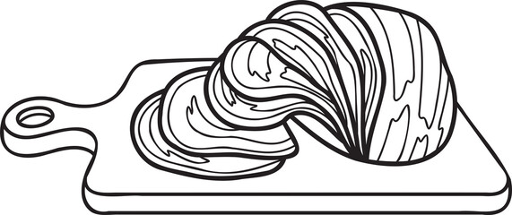 Hand Drawn sliced ham on a wooden chopping board illustration in doodle style