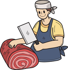 Hand Drawn chef cutting beef illustration in doodle style