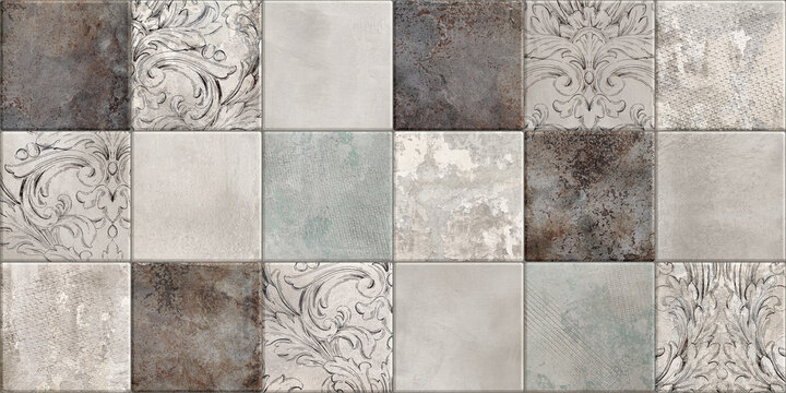 Colorfull wall art mixed digital tiles design for interior home or ceramic tiles design. Texture of rusty metal, cement, concrete, cracks and scuffs with monogram floral ornament decor.