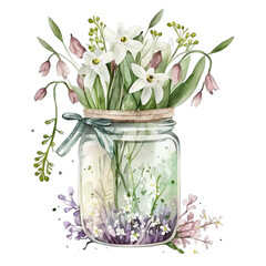 Spring Flowers Bouquet Jar Snowdrops  PNG Transparent, Watercolor  Generative AI