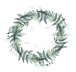 Arrangement frame with green branches and leaves of fern. Watercolor painted floral wreath. Cut out hand drawn PNG illustration on transparent background. Watercolour isolated clipart drawing.