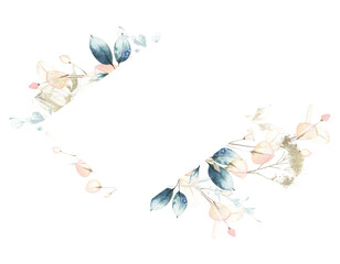 Watercolor painted floral rhombus frame. Arrangement with blue branches and pink leaves. Cut out hand drawn PNG illustration on transparent background. Watercolour isolated clipart drawing.