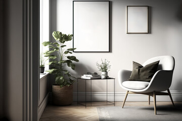 Mockup poster frame on the wall of the modern Scandi Style room. A beautiful relaxing corner. Minimalist background with contemporary design. Modern interior design.