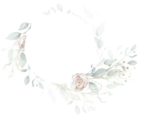 Round frame template watercolor painted. Background with branches, green leaves and pink roses. Cut out hand drawn PNG illustration on transparent background. Watercolour isolated clipart drawing.