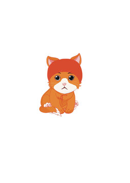 Red cat, cute with a cap on his head. Hand drawn illustration of a kitten. Isolated image