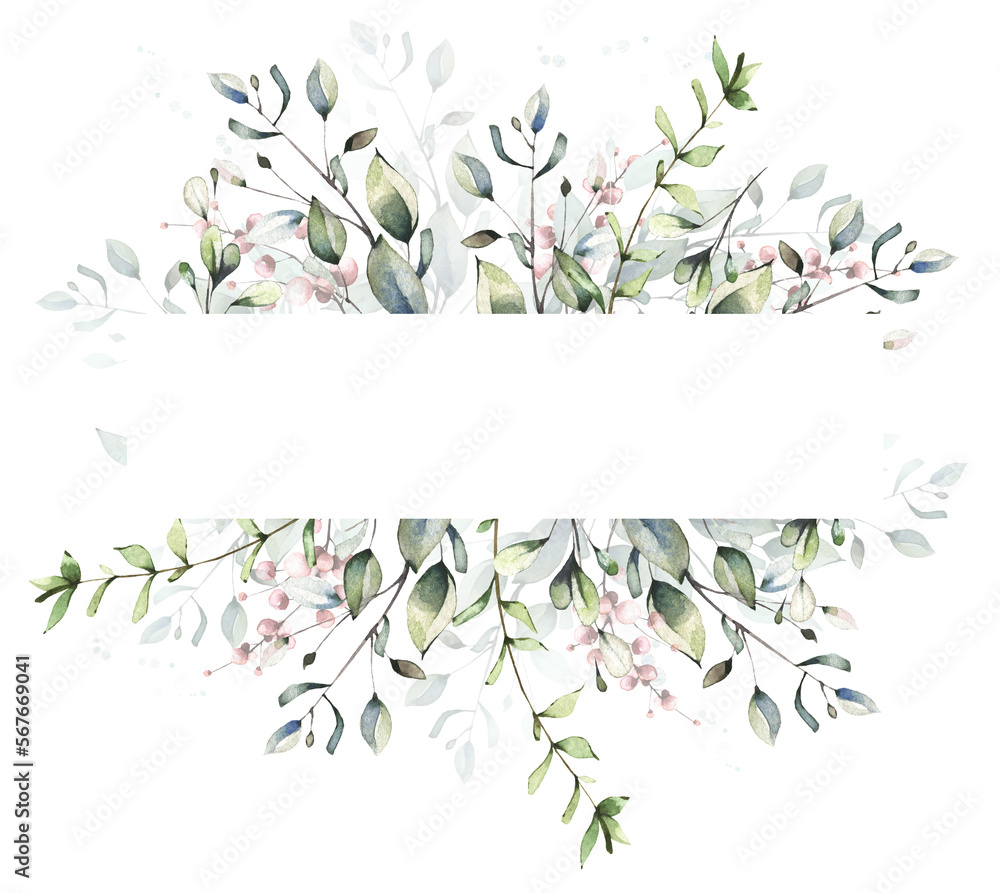 Wall mural watercolor painted floral frame. arrangement with green branches and pink leaves. cut out hand drawn