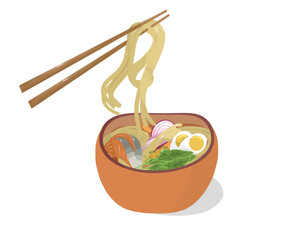Bowl of ramen. Japanese noodle soup with chopsticks. Handmade illustration. Isolated image