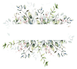 Watercolor painted floral frame. Arrangement with green branches and pink leaves. Cut out hand drawn PNG illustration on transparent background. Watercolour isolated clipart drawing.