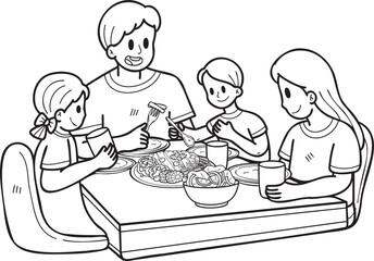 Hand Drawn family eating food on the table illustration in doodle style