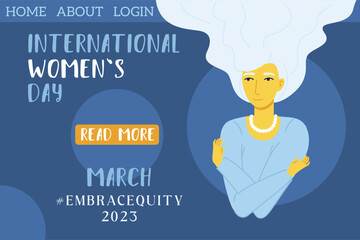 Embrace equity old woman embrace yourself 2023 web page landing template. International womens day concept, self love, self care.
