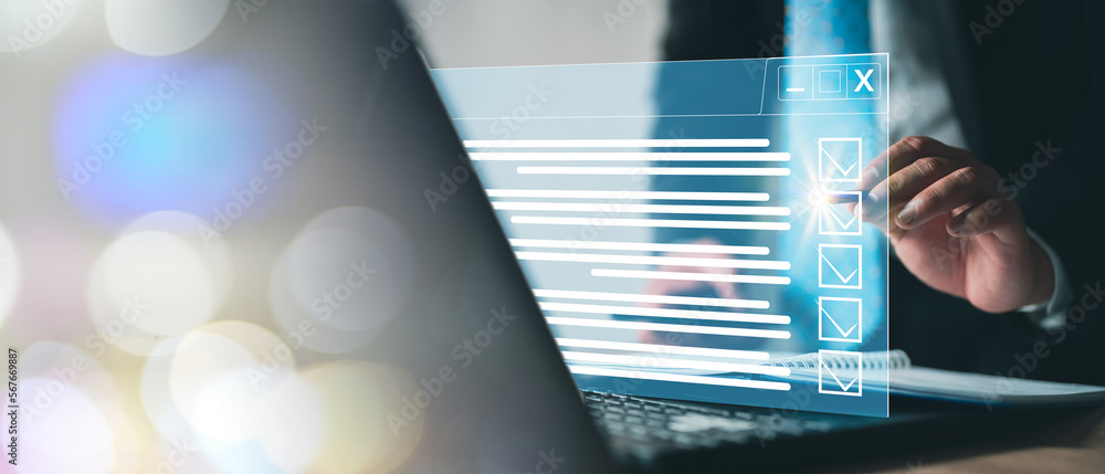 Poster business concept and smart checklist on virtual screen. businessman smart checklist and signs electr