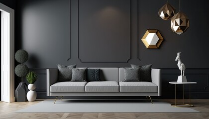 modern Dark matte living room interior simple an clean with empty mock up place on wall. Generative ai