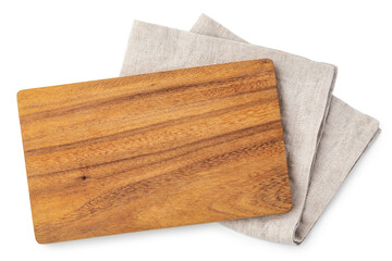 Wooden cutting board on linen napkin isolated on white background, top view