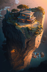 A small house on top of a cliff overlooking the edge of the universe. Generative AI.