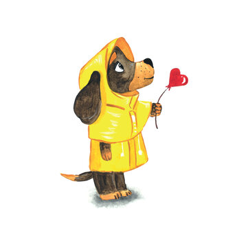 a dog in a yellow raincoat is holding a heart