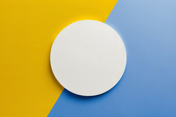 Empty white round layout on blue and yellow background. AI Generated.