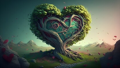 Obraz premium Tree with heart shape, green landscape background,digital art style.AI generated 