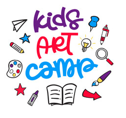 Kids art camp. Color illustration. Summer art camp template for poster, flyer, banner design. Kids fun vector illustration. Hand drawn lettering typography text. Summer school logo for print design.