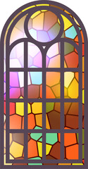 Gothic stained glass window. Church medieval arch. Catholic cathedral mosaic frame. Old architecture design. 