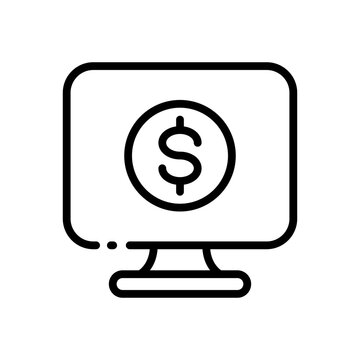 Dollar Sign On Computer Monitor Line Icon. Cursor, Arrow, Online, Remote Work, Distance, Earn Money, Savings, Banking, Deposit, Donate. Financial Management Concept. Vector Line Icon