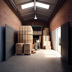 Small store room for storing products, goods and boxes | Interior of a warehouse | Small factory | Generative Ai