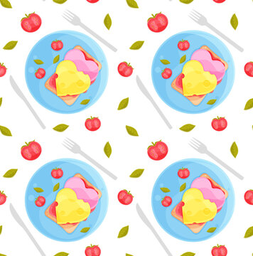 bright vector seamless pattern, romantic breakfast, cheese and sausage sandwiches and cutlery, fabric pattern
