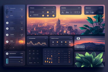 Modern colorful user interface dashboard design. Futuristic, aesthetic desktop layout concept. Professional web design.