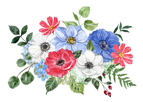 Floral bouquet, watercolor illustration. Red, white, and blue flowers arrangement. Botanical painting. PNG clipart with transparent background.