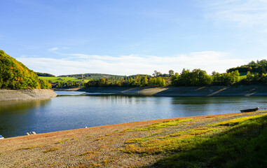 View of the Diemelsee and the surrounding nature. Landscape at the Diemeltalsperre in the Hochsauerland district.
