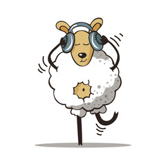 Sheep dancing,  cartoon animal character with headphones. Vector cute Illustration on white background.