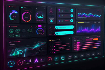 Modern neon user interface dashboard design. Futuristic, aesthetic desktop layout concept. Professional holographic web design.