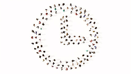 Concept conceptual large community of people forming the clock icon. 3d illustration metaphor for time, countdown,  chronometer, business and deadline