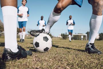 Fitness, soccer team and athletes playing on the field at a game competition, league or...