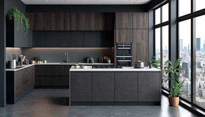 dark matte modern kitchen room 3D rendering Design. Generative Ai - obrazy, fototapety, plakaty