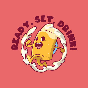 A Beer Mug character running and smiling vector illustration. Logo, brand, drink design concept.
