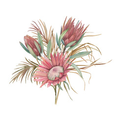 Obraz premium Watercolor floral card with tropical leaves and protea. Hand painted isolated botanical illustration. Art background