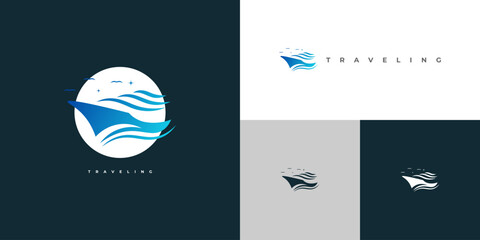 Blue Cruise Logo Design with Birds and Stars. Yacht Logo for Travel or Tourism Industry Logo