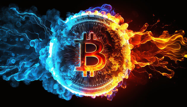 This eye-catching image shows Bitcoin blazing like a fireball, with a riot of colors behind it. It symbolizes the intense heat of the crypto market and its potential for huge profits. generative AI