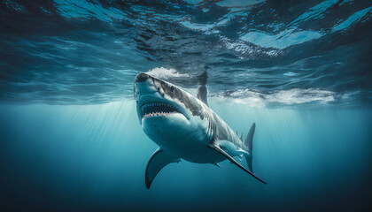 Obraz premium Great white shark swimming through clear clean ocean