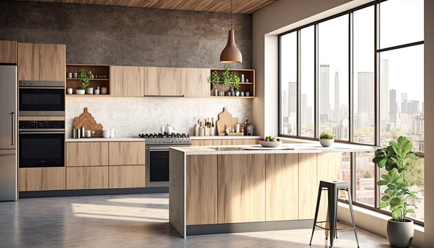 bright modern kitchen room and window City view daylight.  Generative Ai