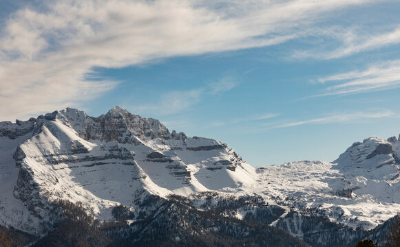 View of Passo Groste - Ski slopes of Madonna di Campiglio. Alpine Ski resort of Trentino Alto Adige into Dolomiti di Brenta Park. Italy