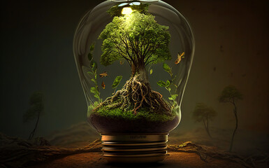 Lamp with tree for Saving environment. Green saving energy Tree Growing. Lightbulb with tree and green leaves. Seedlings growing as alternative energy. Electricity light lamp from solar. AI Generative