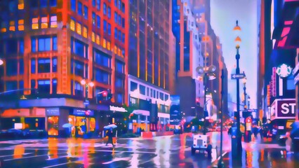 Big city at night. New York Street. Art Painting